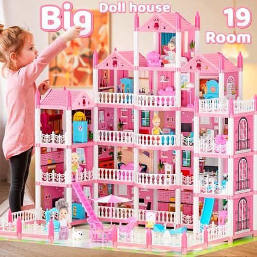5-Story Dream Doll House for Girls with 19 Rooms, Lights, Dolls, and Furniture - Large DIY Playhouse for Grils Ages 6-16 - Perfect Imaginative STEM Gift for Birthdays & Holidays & Christmas
