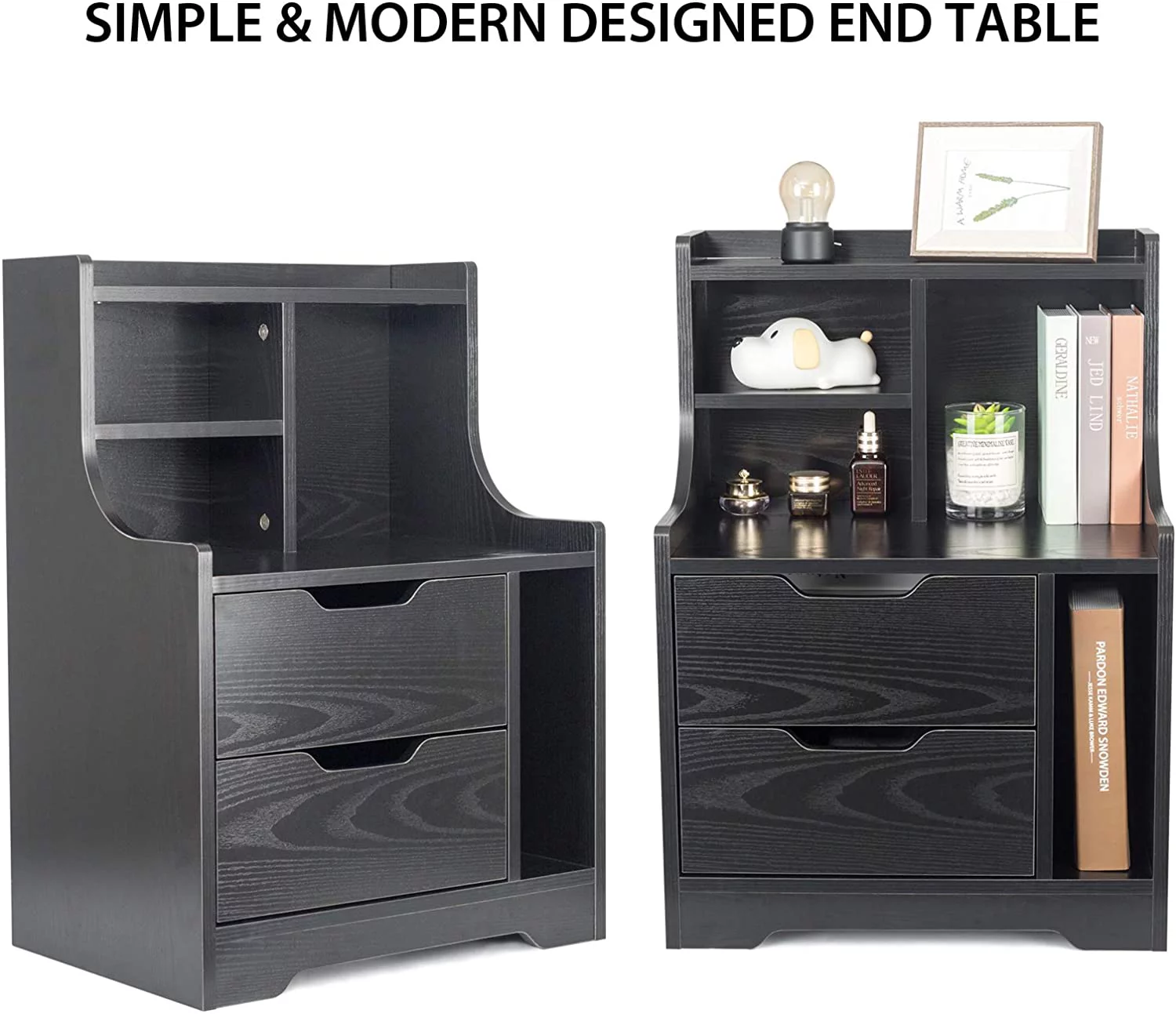 PULUOMSI Wooden Bedside Table with Storage Shelf 2 Drawers Nightstand Side Table Cabinet Bedside Furniture Black Finish