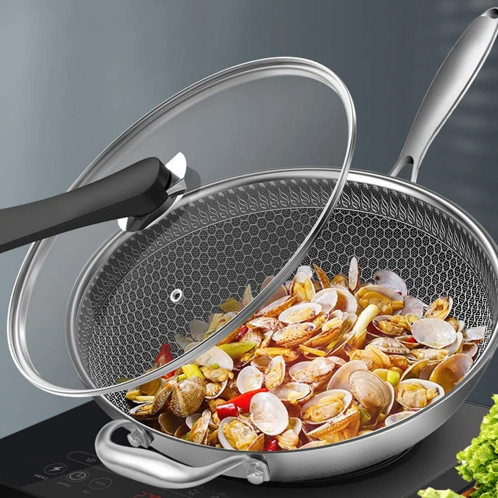 MIDUO Stainless Steel Non Stick Double Sided Honeycomb Cooking Frying Pan w/ Glass Lid
