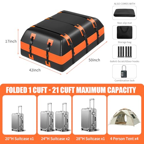 21 Cubic Feet Car Rooftop Cargo Carrier Bag,100% Waterproof Heavy Duty 840D Rooftop Cargo Bag for All Vehicle with/Without Racks,Includes Anti-Slip Mat,6 Door Hooks,Luggage Lock and Storage Bag