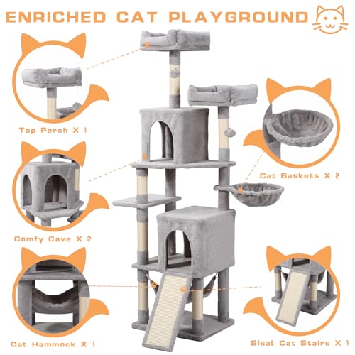 Cat Tree, 70-Inch Cat Tree Tower with Hammock, Scratching Post, Condo and Multi-Level Cat Tower, Large Cat Activity Center Playhouse, Light Gray LCT015