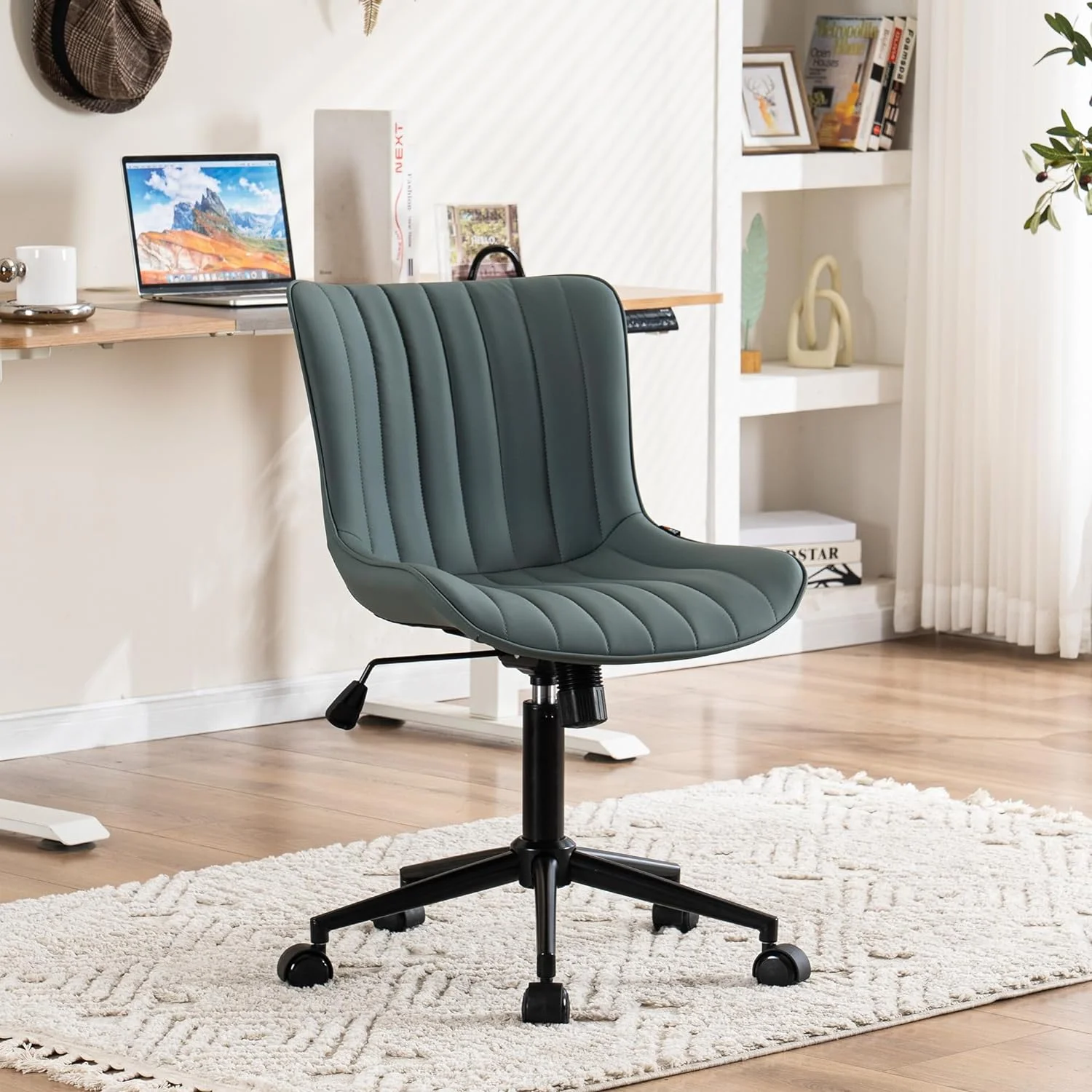 FJU Office Chair Swivel Desk Chair with Wheels Upholstered Faux Leather Height Adjustable Computer Task Chair Modern Rolling Armless Ergonomic Backrest, Pink, Loads 300 lbs