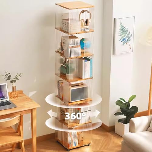 5/6 Tier Rolling Bookcase, Bamboo 360° Rotating Bookshelf Tower, Revolving Bookcase Stackable Bookshelf Organizer, Freestanding Spinning Bookshelf with Wheels for Bedroom, Living Room, Brown