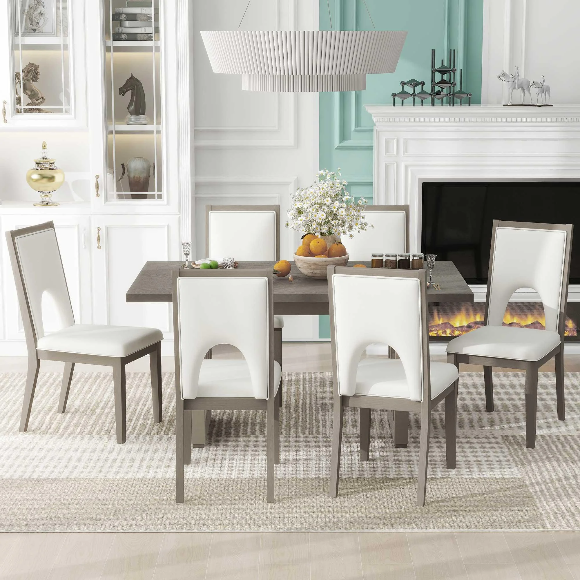 Wood Dining Table Set for 6, Atumon 7 Piece Dining Room Set, Dining Table Set with 6 Beige Cushioned Chairs, Farmhouse Dining Table Set, Dining Table Set Furniture for Kitchen Dining Room, Gray