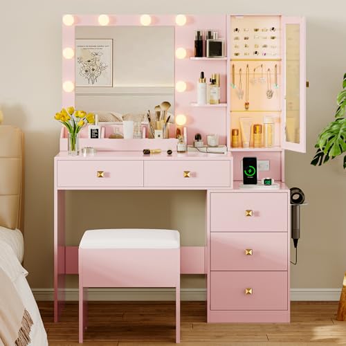 Vanity Desk with Mirror and Lights, Makeup Vanity Table Set with 5 Storage Drawers, Power Outlet & Chair, Small Dressing Table with RGB Ambient Light, Adjustable Brightness for Girls Bedroom, White