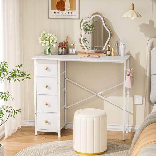 Vanity Desk No Mirror, Small Makeup Vanity with 4 Fabric Drawers, White Dressing Table for Small Spaces, 35.4 Inches Girls Makeup Table Bedroom