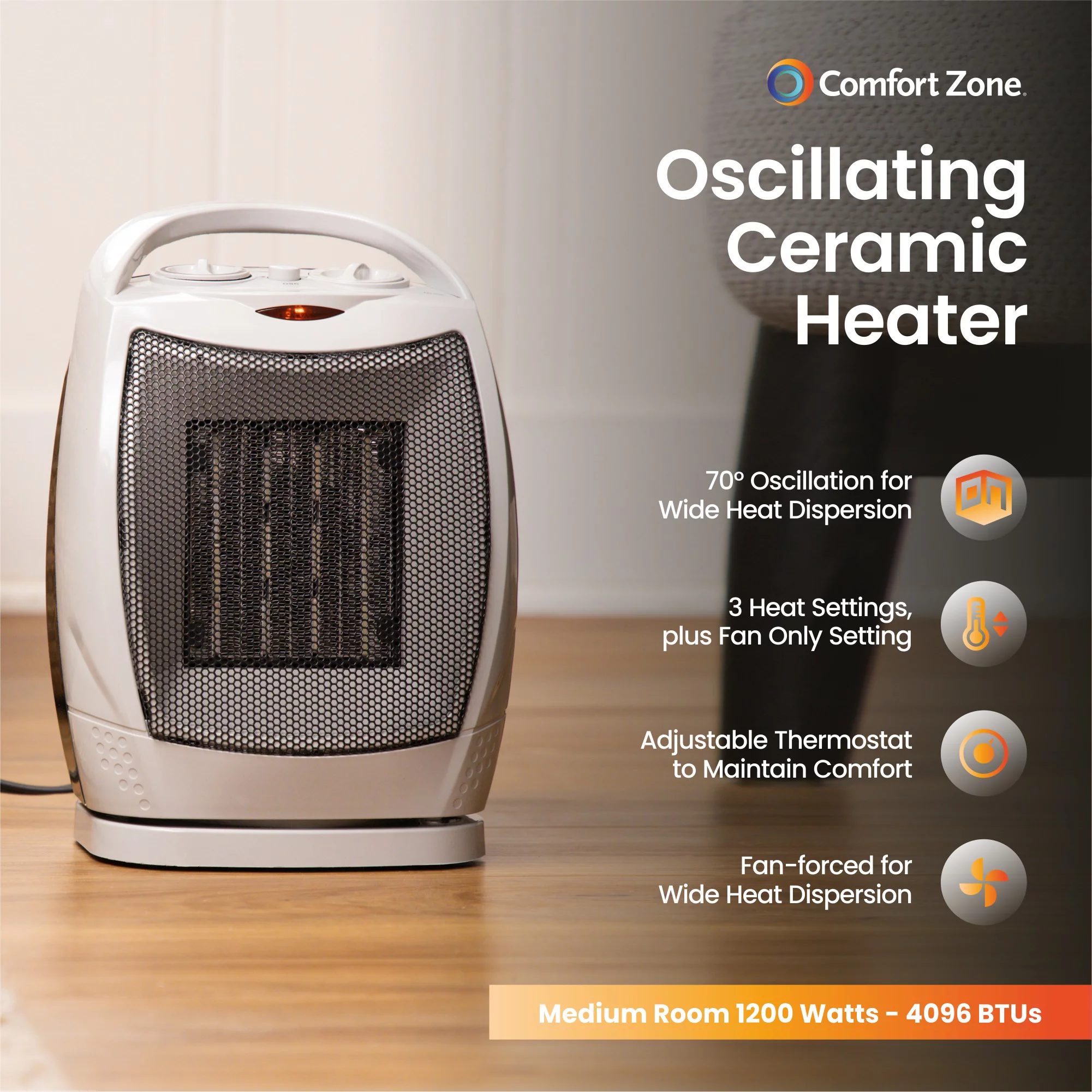 Comfort Zone 1,500-Watt Oscillating Ceramic Heater, Energy-Efficient, Adjustable Thermostat, Safety Tip-Over Switch & Overheat Protection System