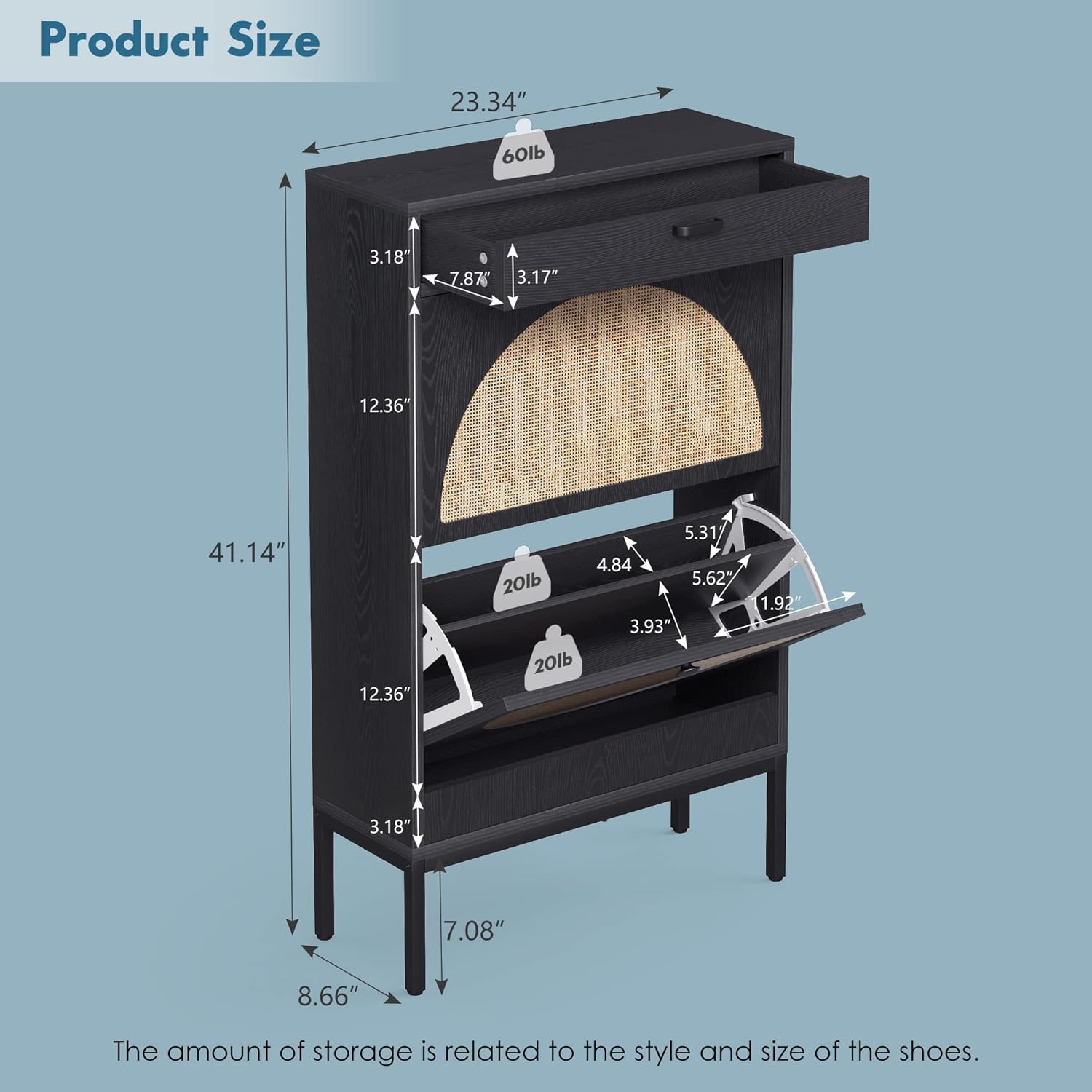 Brafab Shoe Cabinet, Shoe Rack Storage Organizer with 2 Flip Drawers, Natural Rattan Weave Shoe Storage Cabinet for Sneakers, Slippers (Black,2 Pieces)