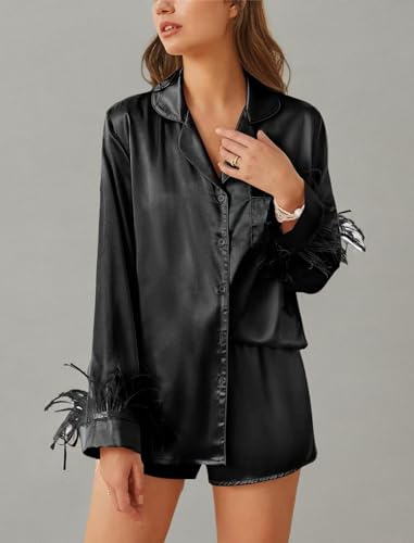 Ekouaer Women's Bridal Feather Trim Silk Satin Pajama Set Long Sleeve Lounge Sets Sleepwear (Removable Feather)