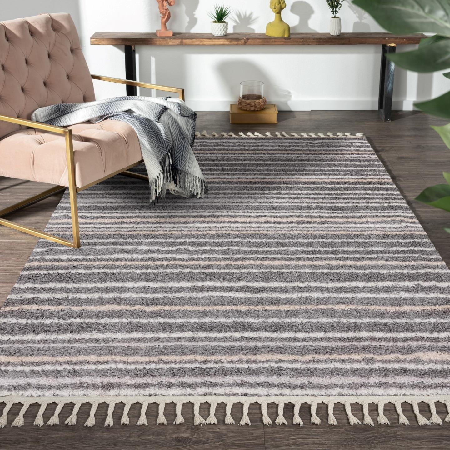 LUXE WEAVERS Striped Fringed Shag Gray 8x10 Area Rug for Bedroom