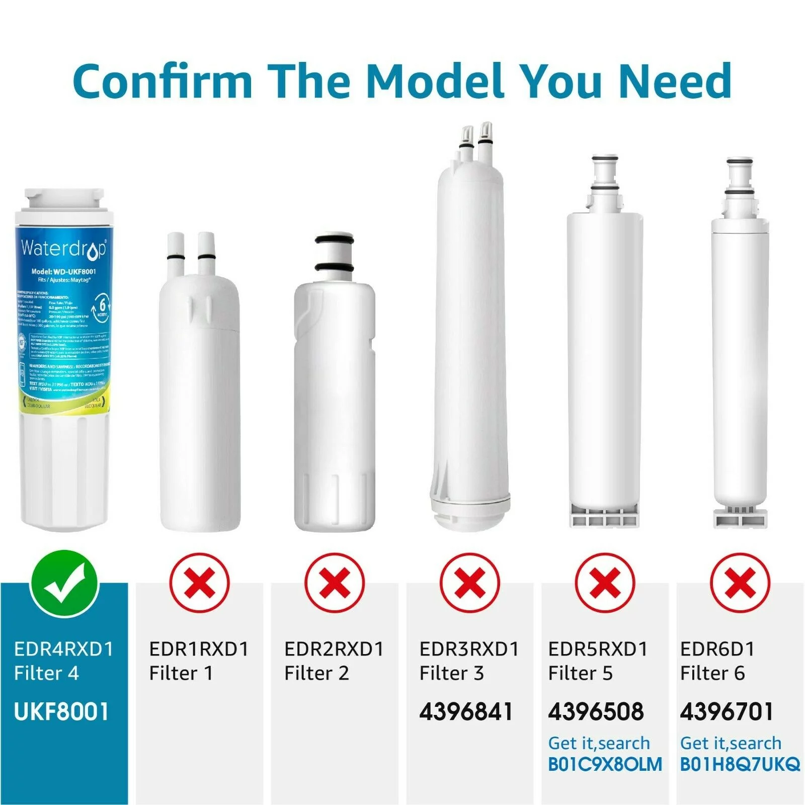 Waterdrop UKF8001 Refrigerator Water Filter, Replacement for Maytag UKF8001, UKF8001AXX-750, UKF8001AXX-200, Whirlpool EDR4RXD1, 469006, Filter 4,  NSF 53&42 Certified (4 Pack)