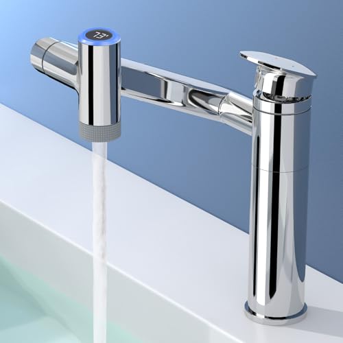 SINGSUO 1080°Rotatable Bathroom Vanity Faucet 1 Hole, Height Adjustable Single Handle Sink Faucet Bathroom with 2 Water Outlet Modes, Bar Sink Tap Single Hole with Temperature Display (Black)