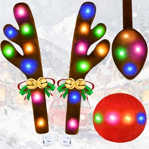 Christmas Car Decorations Reindeer Car Kit Antlers with Lights, Jingle Bells Rudolph Reindeer and Nose, Tail Cute Costume Auto Accessories for Trunk Vehicles SUV Multicolor