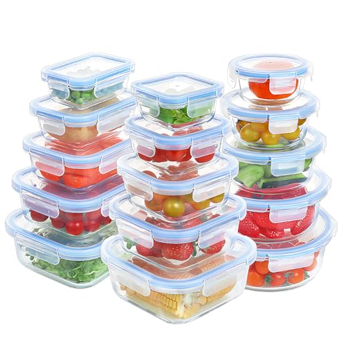 30 Pieces Glass Meal Prep Containers, Airtight Glass Food Storage Containers, Glass Lunch Containers with Lids, Microwave and Dishwasher Friendly, White