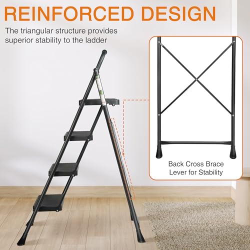 3 Step Ladder, Protable Steel Folding Stool with Wide Anti-Slip Pedal, 500lbs Sturdy Steel Ladder, Black