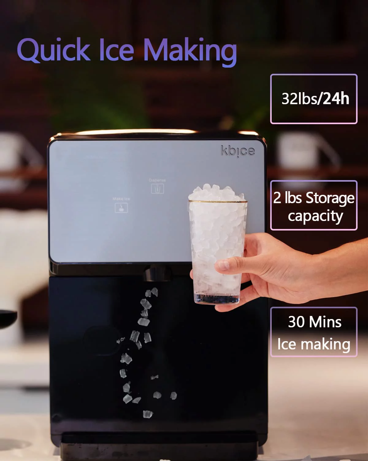 KBICE 2.0 Self Dispensing Countertop Nugget Ice Maker, Crunchy Pebble Ice Maker, Sonic Ice Maker, Produces Max 32 lbs of Nugget Ice per Day, LED Touch Display Panel