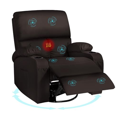 Rocking Recliner Chair, Massage Rocker Recliner Chair with Vibration Massage and Heat, 360° Swivel Faux Leather Chairs, Living Room, Bedroom, Nursery, RV, Black