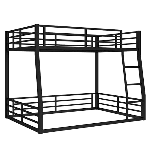 Heavy Duty Bunk Bed Frame with Ladder, Twin XL Over Twin XL Bunk Beds with Safety Guardrails, Adults Bunk Beds with Noise-Reducing Rubber Stoppers, Easy Assemble, Black
