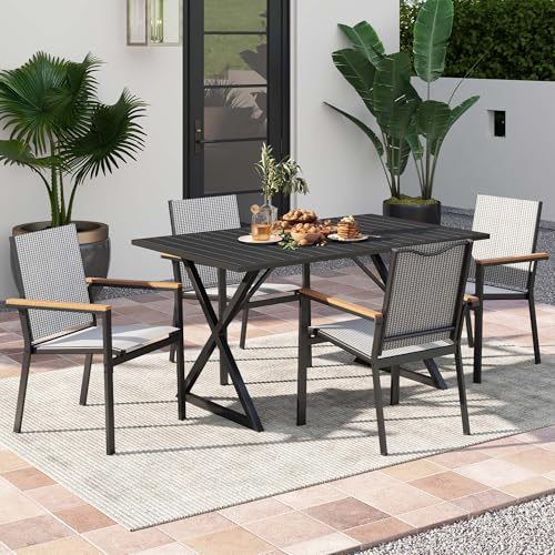 YITAHOME Set of 6 Stackable Patio Chairs, Outdoor All-Weather Conversation Breathable Textilene Mix Olefin Dining Chair, Plastic- Wood Armrest, Black and White Checkered