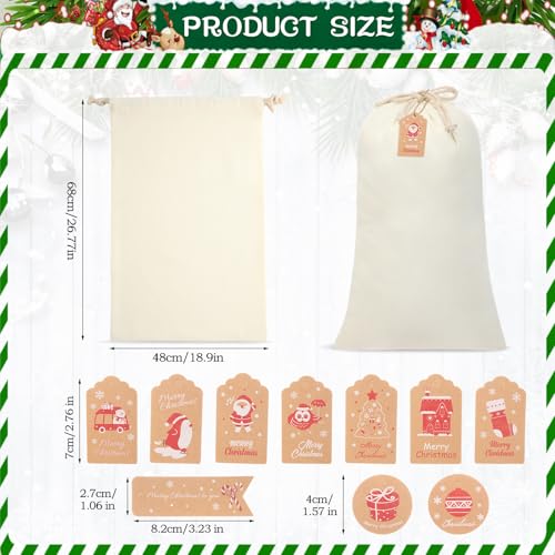 Clysee 12 Pcs Sublimation Blank Christmas Santa Bags Large Christmas Gift Bags Xmas Cheese Cloths Muslin Drawstring with 50 Kraft Paper Tags and Strings for DIY, 26.8 x 18.9 Inch