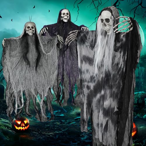 Halloween Decorations Outdoor/Indoor - 3 Pack Hanging Skeleton Ghosts Decorations for Tree, Yard, Window, Garden