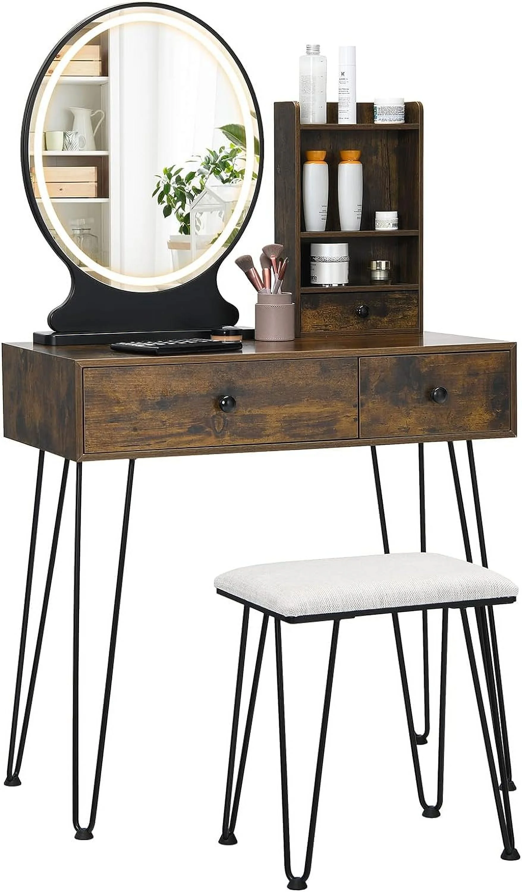 3 Drawers & 3 Shelves Adjustable Brightness Lighted Vanity Table with Mirror Dressing Desk Set for Women Girls Rustic Brown