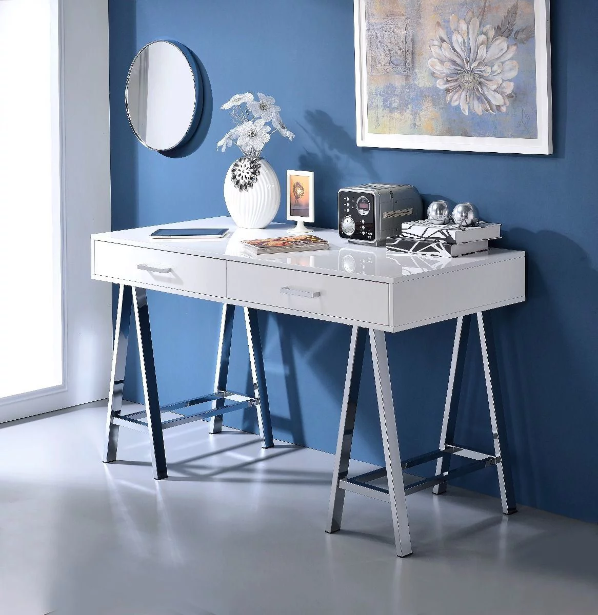 Coleen Writing Desk - White High Gloss & Chrome Finish | Enhance Workspace with USB Connectivity