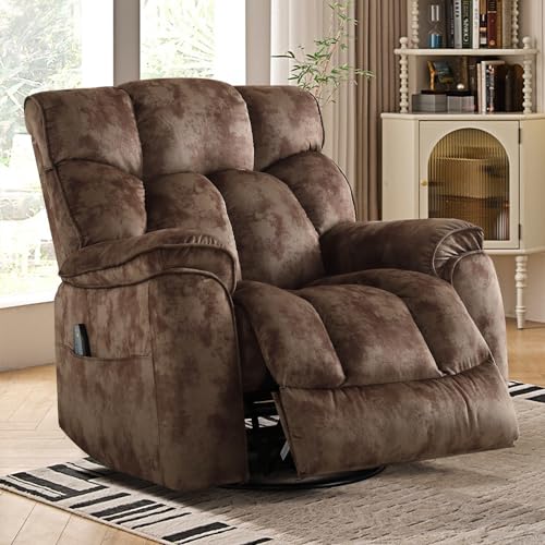 INZOY Massage Swivel Rocker Recliner with Heat and Vibration, Manual Rocking Recliner Chair with Vibrating Massage, Comfy Padded Overstuffed Soft Fabric Heated Recliner, Brown
