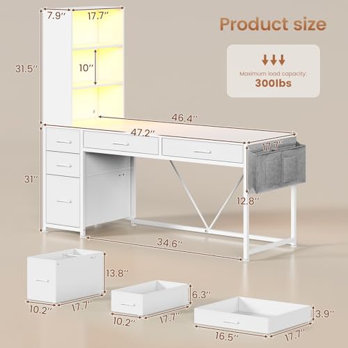 SEDETA Computer Desk with 5 Drawers and Bookshelf, Reversible Home Office Desk with Storage Shelves and File Drawer, Gaming Desk with LED Lights for Small Spaces, White