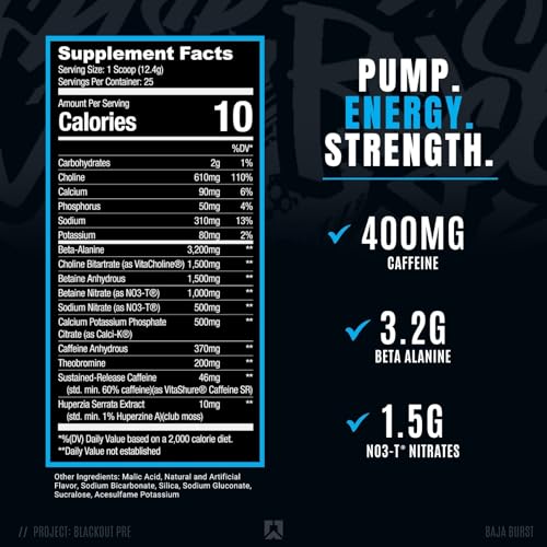 RYSE Up Supplements Project Blackout Pre Workout | Pump, Energy, and Strength | with Caffeine, Vitacholine, Nitrates, and Theobromine | 25 Servings (Baja Burst)