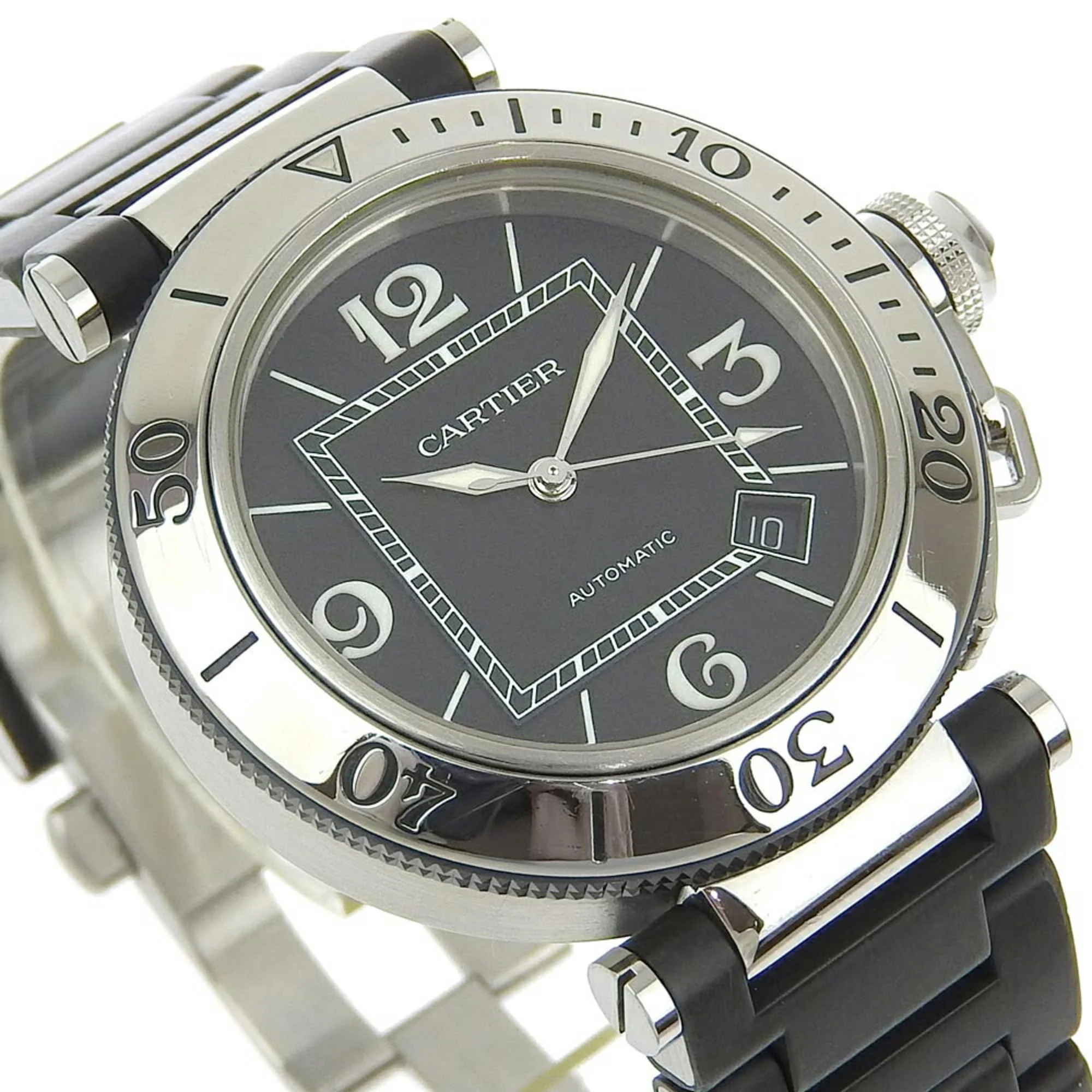 Pre-Owned Cartier CARTIER Pasha Watch Seatimer Date W31077M7 Stainless Steel x Rubber Silver Black Automatic Dial Men's I213023041 (Fair)