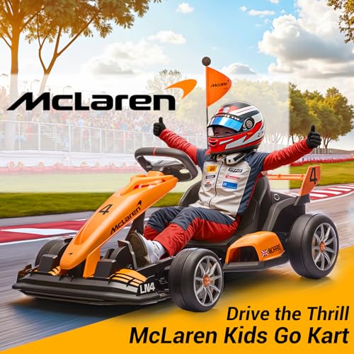 24V Kids Electric Go Kart, Licensed McLaren F1 Drift Kart Car with Dual 200W Motors, Adjustable Seat, 6 Safety Upgrades, CVT Speed Mode, Anti-Skid Tires & LED Lights for Ages 6-12 (Orange)