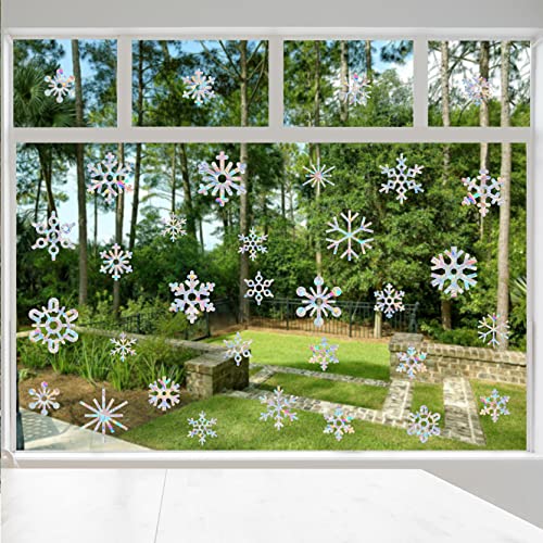36 Piece Snowflake Anti-Collision Decals - Save Birds from Window Collisions, Reusable Vinyl Rainbow Christmas Winter Stickers
