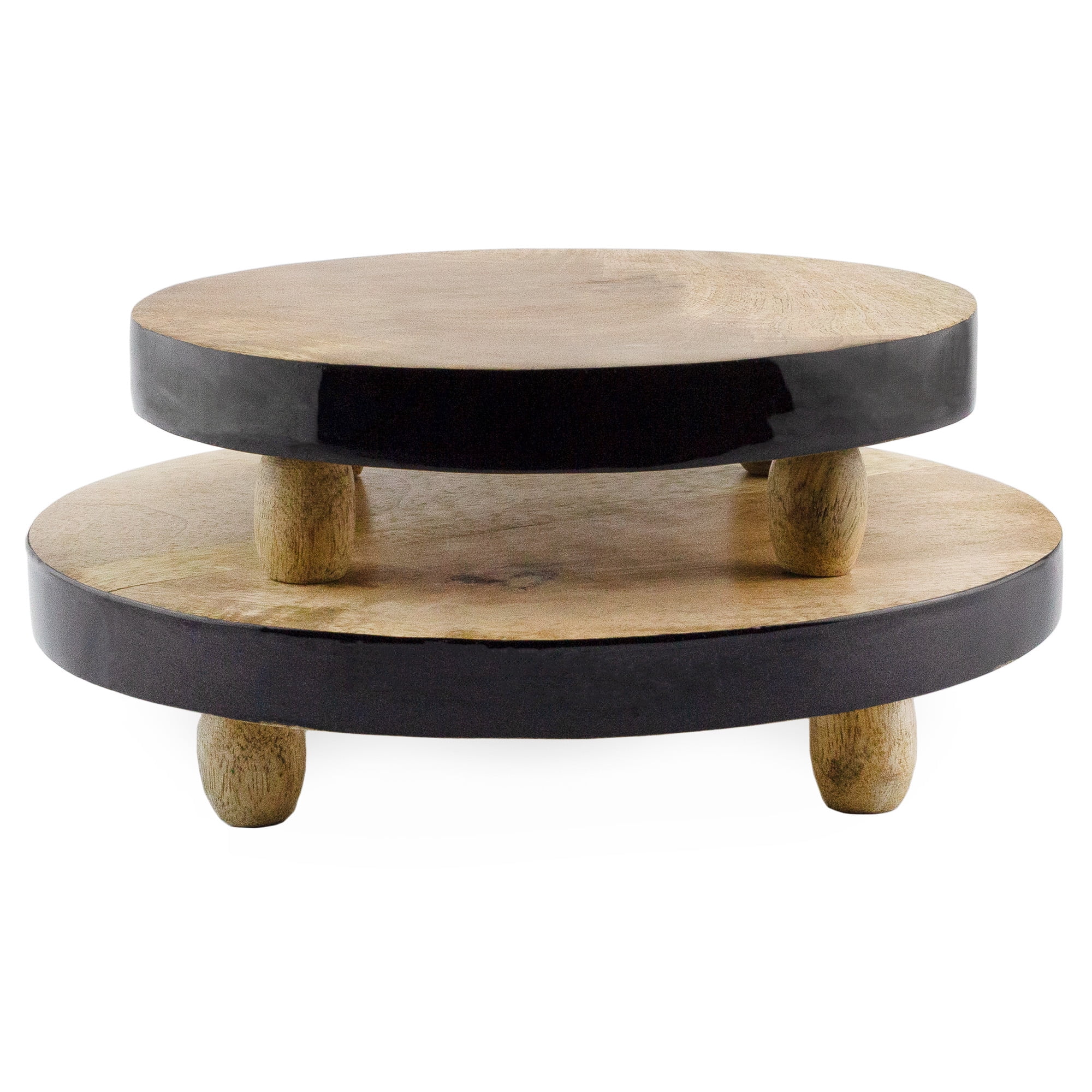 AuldHome Farmhouse Round Wooden Risers (Set of 2, Black Trim), Rustic Decorative Risers for Display with Natural Mango Wood and Enamel Trim