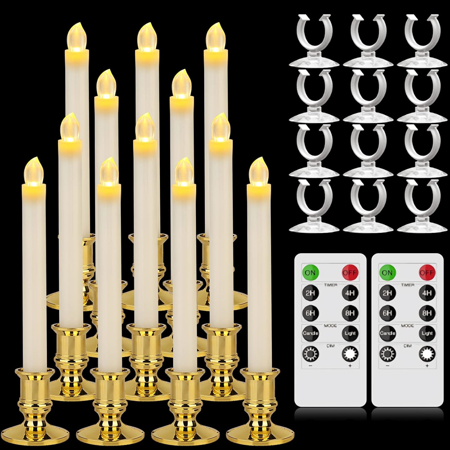 Flameless Candles 3D Wick Battery Operated Led Light Ivory Taper Flickering Window Candles with 10-Key Remote, Gold Candle Holders,for Christmas Home Wedding Decor 12PACK