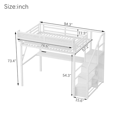Full Size Loft Bed with Stairs and Storage, Metal Loft Bed Frame with Bedside Shelf and Large Under-Bed Space, Heavy-Duty Bed for Adults Teens and Kids, Black