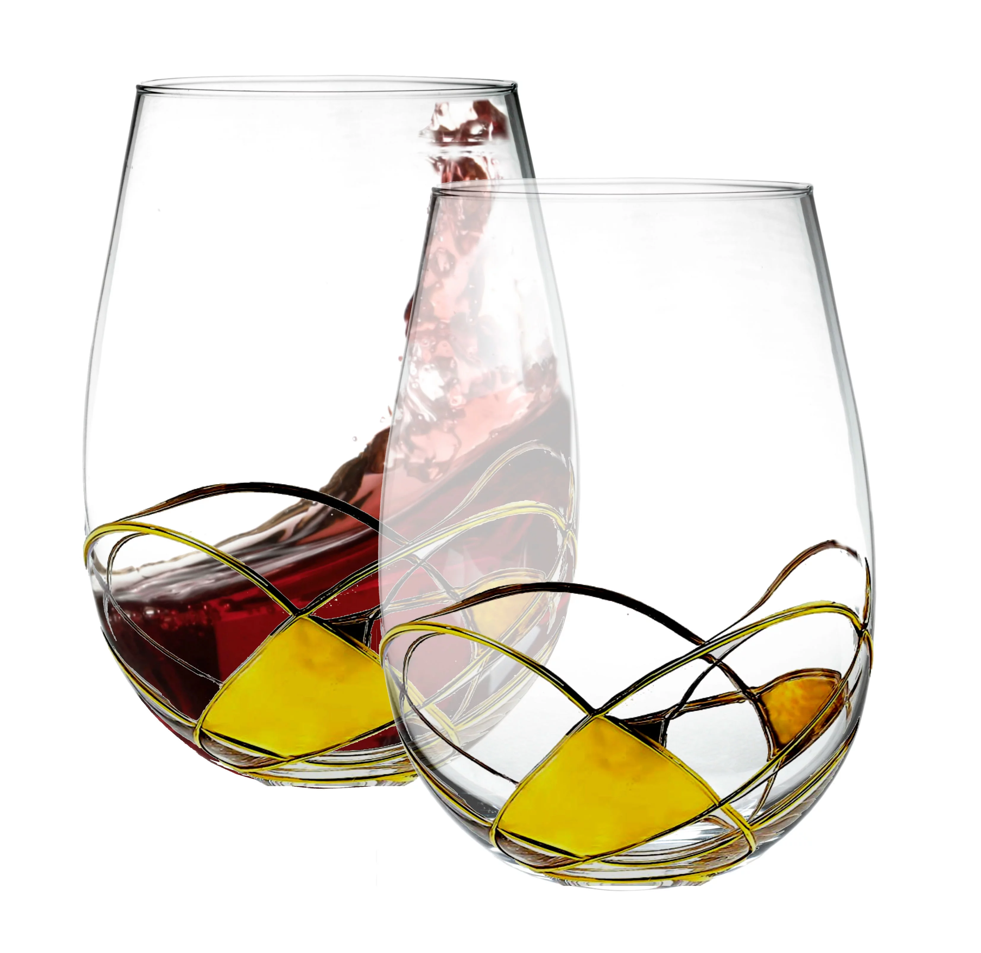 Bezrat Stemless Wine Glasses Set of Two | Hand Painted Large Premium Red and White Wine glasses | Lead-Free Crystal | Essential Wine Gift | 18 Ounces (Gold)