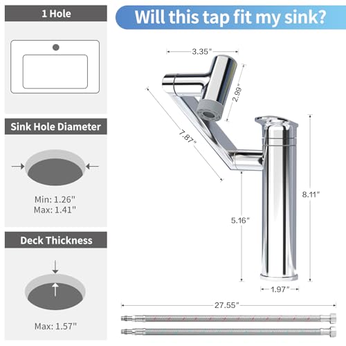 SINGSUO 1080°Rotatable Bathroom Vanity Faucet 1 Hole, Height Adjustable Single Handle Sink Faucet Bathroom with 2 Water Outlet Modes, Bar Sink Tap Single Hole with Temperature Display (Black)