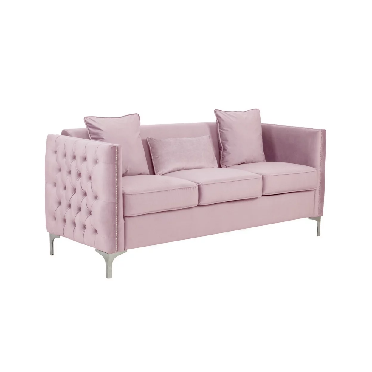 Zion 73 Inch Modern Sofa, Button Tufted Pink Velvet with Nailhead Trim - Saltoro Sherpi