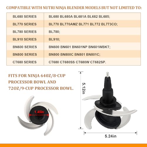 Blender 4 Blade Replacement for Ninja 64oz 72oz Food Processor Bowl, Chopping Blade 319KKU770 for Ninja 8-Cup 9-Cup Pitcher CT682SP BL681A BL682 BL770 BL770AMZ BL772 BL910 BN600 BN601 BN800 BN801