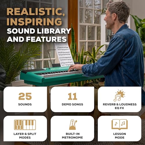 Alesis Recital Home Digital Piano with 88 Hammer Action Weighted Keys, Stand, Pedals and Lessons, Turquoise