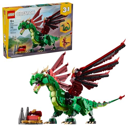 LEGO Creator 3 in 1 Medieval Dragon Toy - Building Toy with 3 Build Options, Dragon, Sea Serpent, or Phoenix - Fantasy Set for Kids, Boys and Girls, Ages 9+ - Gift Idea for Birthdays - 31161