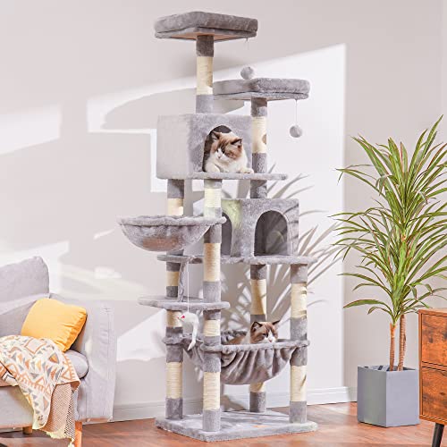 Heybly Cat Tree with Toy, Cat Tower condo for Indoor Cats, Cat House with Padded Plush Perch, Cozy Hammock and Sisal Scratching Posts, Light Gray HCT004SW