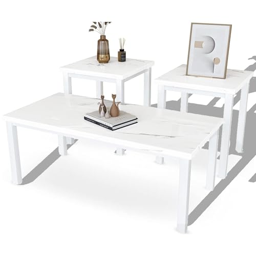 DKLGG Faux Marble Coffee Table Set of 3 Piece, Living Room Table Set Coffee Table & 2pcs End Table with Metal Frame Sofa Side Tables Perfect for Living Room Apartment Accent Furniture