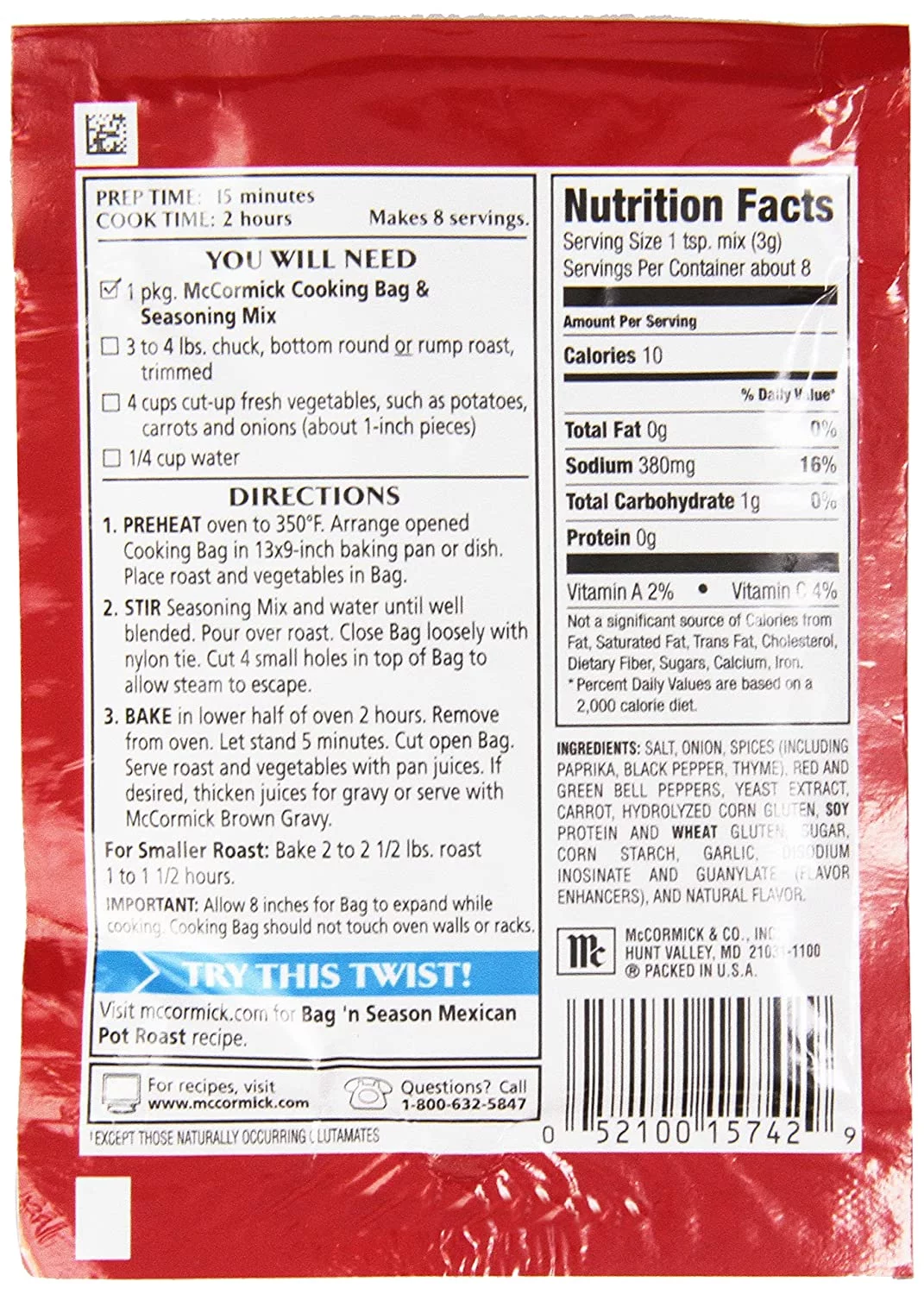 Mccormick Bag N Season Pot Roast Cooking Bag & Seasoning Mix, 0.81 Oz (Pack Of 6)