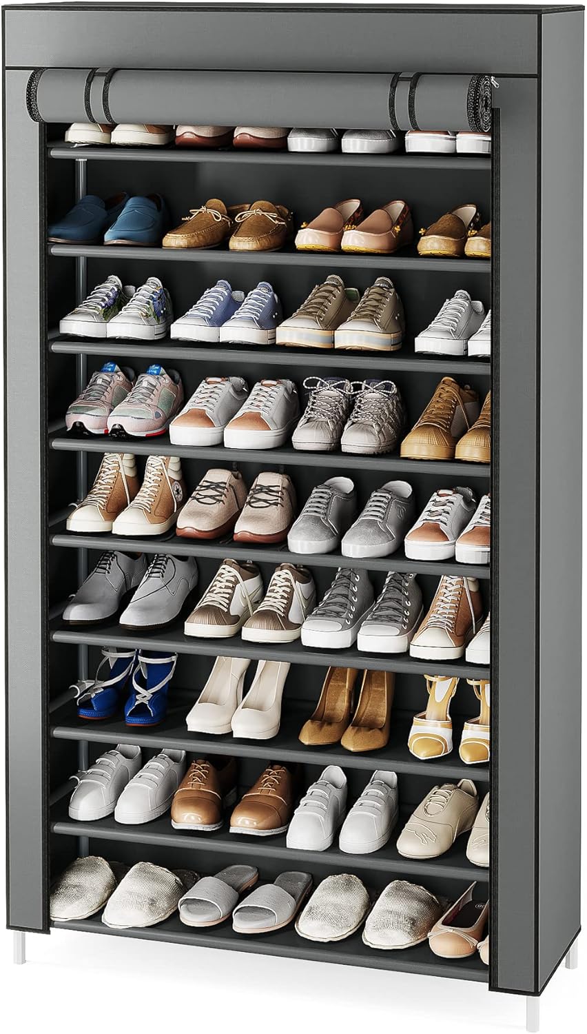 Tribesigns 10 Tier Shoes Rack with Cover, Shoes Racks Organizer for Closet, Black Vertical Shoe Shelf for Entryway,50 Pair Large Shoe Stand, Non-Woven Shoe Storage Cabinet (Grey)
