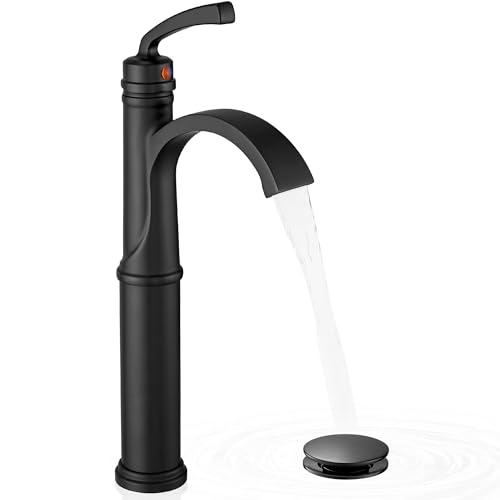Vessel Sink Faucet, Oil Rubbed Bronze Waterfall Bathroom Sink Faucets, Brass Tall Bathroom Faucet Vanity Faucet 1 Hole Restroom Faucet Single Handle with Pop-up Drain Supply Hose