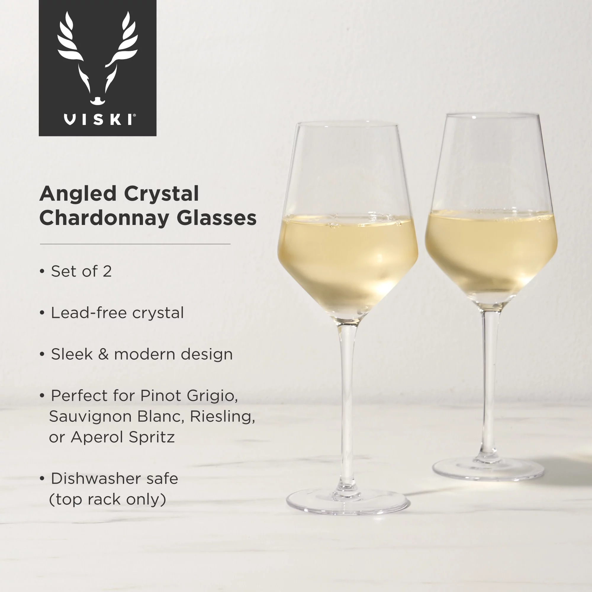 Viski Raye Modern Stemmed Angled Crystal Chardonnay Wine Glasses Set of 2