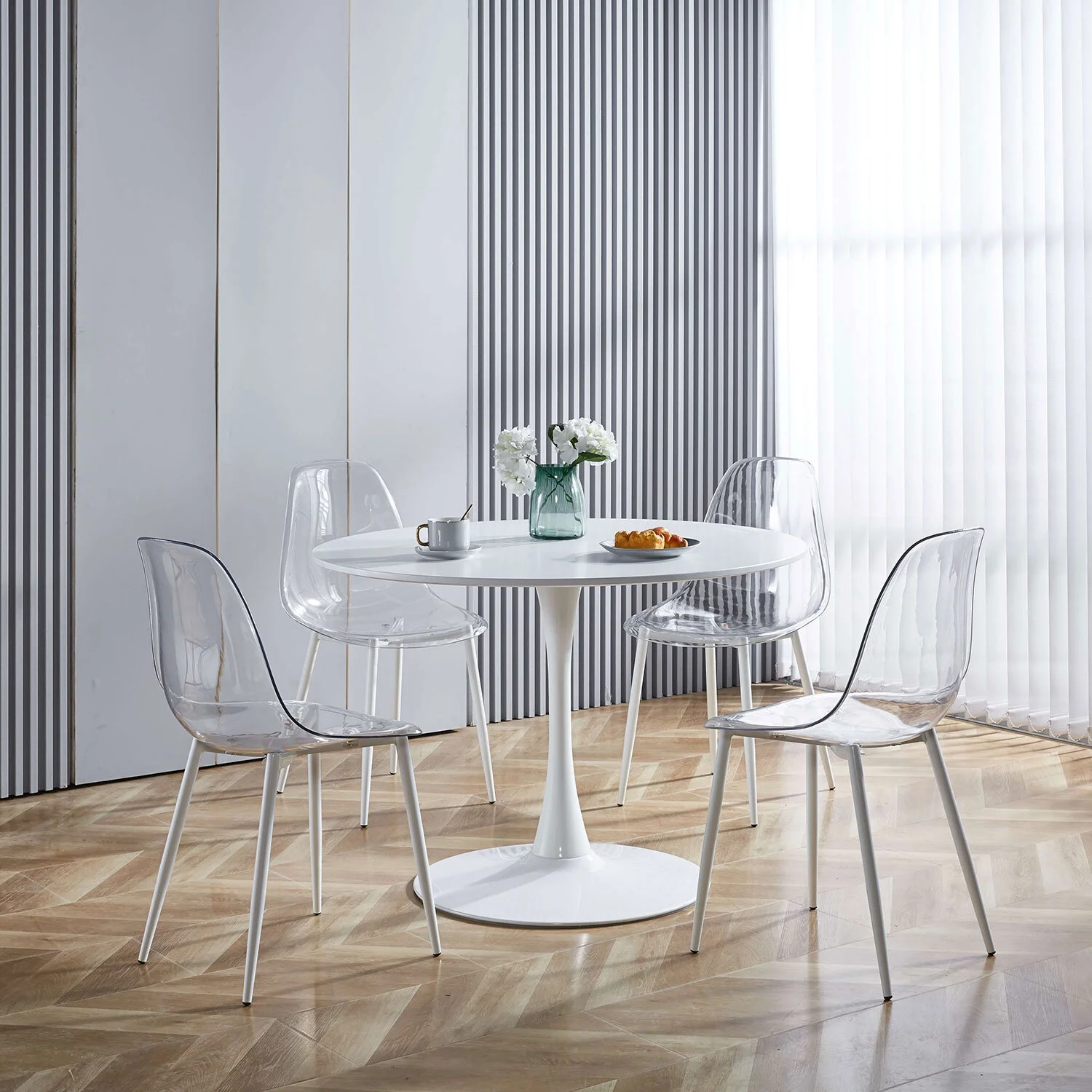 Oufan Round Dining Table Set for 4, Modern Casual Coffee Table Set for Kitchen, Living Room, Apartment, Space Saving (Dining Table + 4 Chairs)