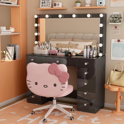 wanan Vanity Desk with Power Outlet, Makeup Vanity with Mirror and 14 LED Light, 3 Lighting Modes,11 Drawer Vanity Table with Sliding Jewelry Storage, Glass Top, Specular Surface, White